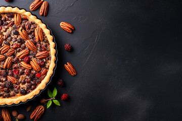 Cranberry pecan pie on dark stone, flat lay with copyspace, top view, fall food, Thanksgiving cooking - obrazy, fototapety, plakaty