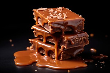 Stack of chocolate pieces, dripping with caramel sauce, topped with chocolate shavings. - obrazy, fototapety, plakaty