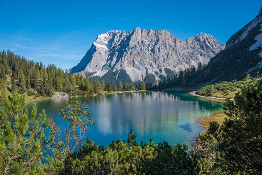 idyllic alpine landscape lake Seebensee, hiking area Ehrwald, austria Tyrol