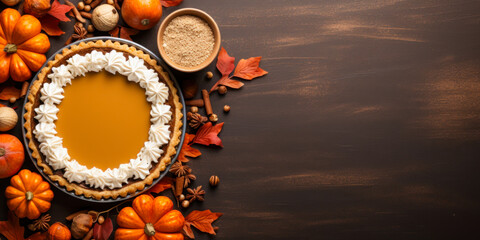 Pumpkin pie and gourds on brown table, flat lay with copyspace, top view, fall food, Thanksgiving cooking, banner