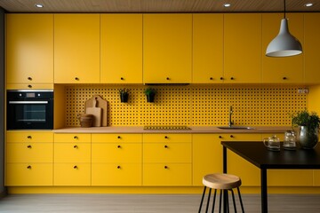 Modern kitchen with yellow cabinets, oven, and practical pegboard. Generative AI - obrazy, fototapety, plakaty