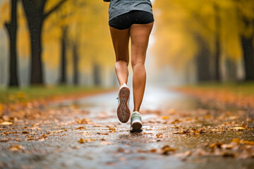 Closeup of legs of a female runner jogging in a park on a rainy autumn afternoon