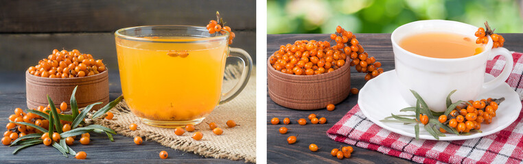 Tea of sea-buckthorn berries with a sprig on sackcloth and wooden background