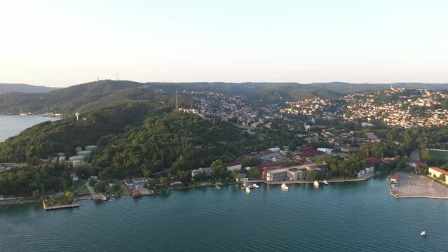 Aerial drone view of Beykoz Shoe Factory in Istanbul with Bosphorus view.  