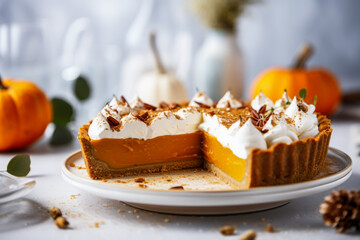 Pumpkin pie with whipped cream topping, pumpkins, fall food, Thanksgiving cooking