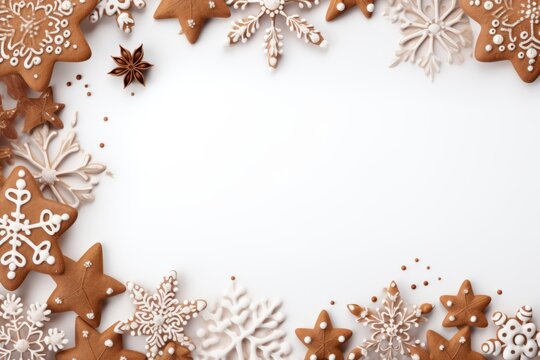 Christmas gingerbread cookies on white background. Top view with copy space