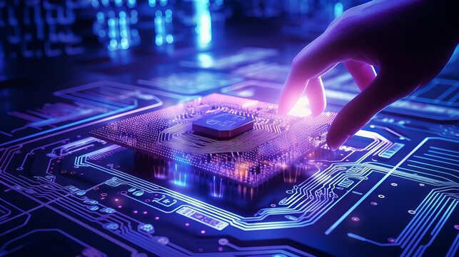 Photo of a hand touching a processor chip on a circuit board