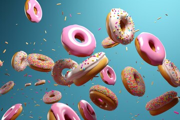 Colorful donuts descent on blue backdrop. Doughnuts flying. 3D rendering. Generative AI