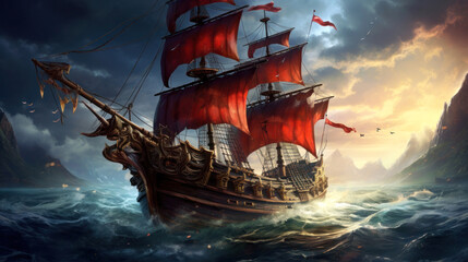 The ship is an old frigate with sails. Fairytale ship at sea. Close-up. Illustration.