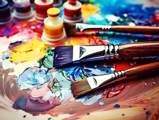 Paints and brushes for painting on the palette. Theme of artists. Painting, close-up.