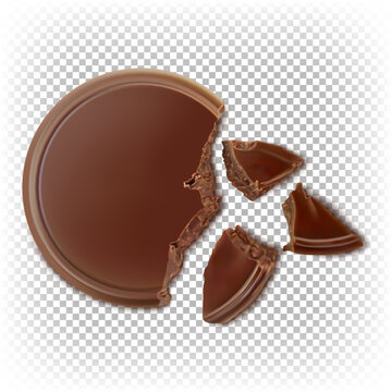 Chocolate sweet coin without wrapper. Round flat chocolate broken into pieces. Top view. Vector realistic illustration isolated on a white background.