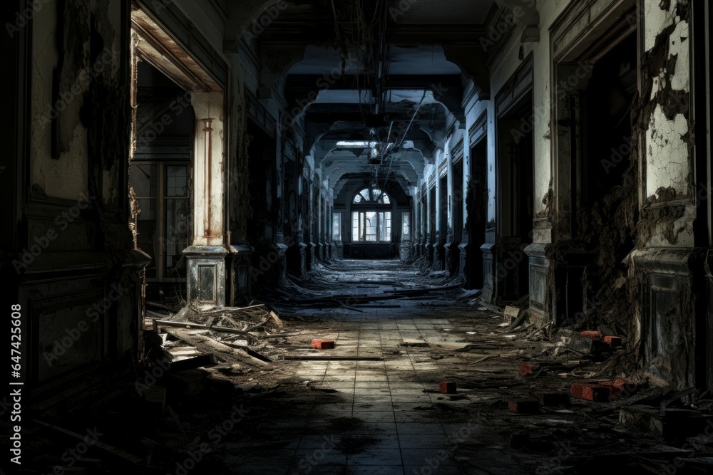 Poster hallway leading to a mysterious and empty room. generate ai