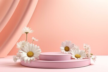 Spring podium with daisies on pastel background. Showcasing advertising products, cosmetics. Floral, summer, holiday banner for various occasions. Generative AI