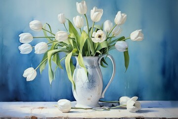 Watercolor painting of aged white jug with tulips on blue tabletop. Generative AI