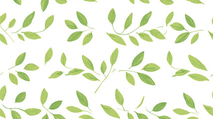 Tea leaves on white background, vector seamless pattern in flat hand drawn style