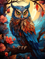 Beautiful drawn colorful abstract owl. Ai generative