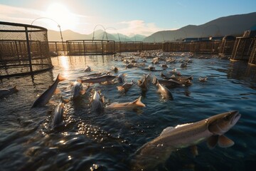 Trout and salmon fry bred in net cages at fish farm. Generative AI - obrazy, fototapety, plakaty