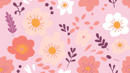 Fototapeta na wymiar Vector floral seamless pattern in flat hand drawn style, cute flowers with leaves on pink background