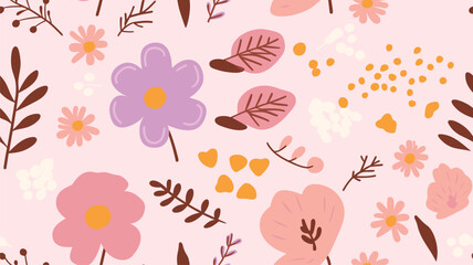 Fototapeta na wymiar Vector floral seamless pattern in flat hand drawn style, cute flowers with leaves on pink background