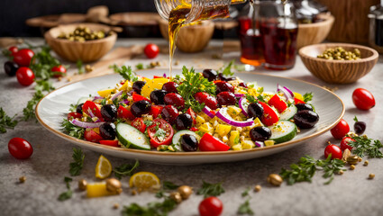 Greek salad, oil pouring on kitchen background - obrazy, fototapety, plakaty