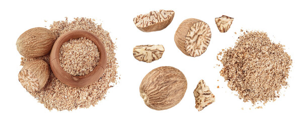 Whole and grated nutmeg in wooden bowl isolated on white background with full depth of field. Top view. Flat lay - obrazy, fototapety, plakaty