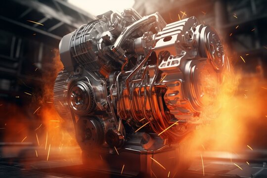 Dynamic V8 engine featuring moving pistons and crankshaft, set against a digital backdrop. Captivating ignition and explosions showcase technology and industry. Striking 3D rendering. Generative AI