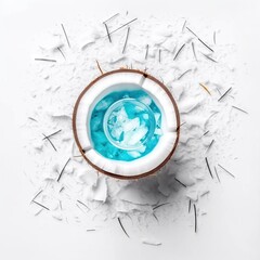 Coconut with ice cubes and splashes isolated on white background