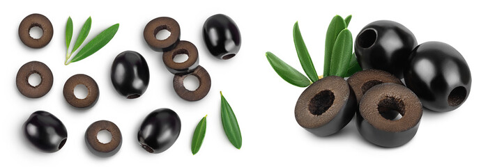 Black olives with leaves isolated on a white background with full depth of field. Top view. Flat lay