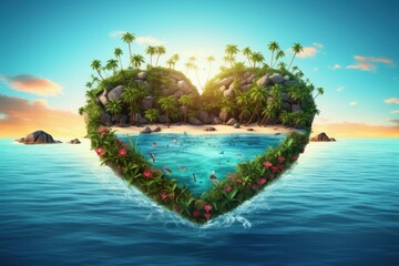 Paradisiacal Beautiful tropical island heart. Generate Ai