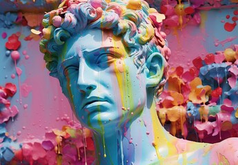 Close-up of a painted male bust sculpture on a colored background. The head and shoulders of a guy with flowing multi-colored paint. Contemporary digital art. Illustration for cover, card, design, etc