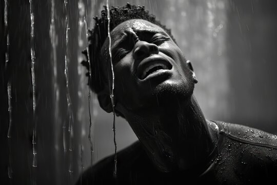 Black And White Image Of An African-American Man Taking A Shower. Dramatic Shot