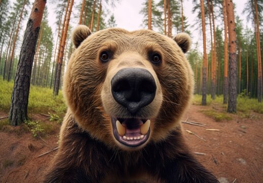 Close-up portrait of a bear in a clearing in the forest. Detailed image of the muzzle. A wild animal is looking at something. Illustration with distorted fisheye effect. Cover design, postcards.