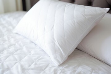 Fototapeta na wymiar Cozy Bed maid up pillows room. Generate Ai