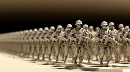 Miniature figurines of soldiers. Fully equipped soldiers of war with rifles. Set of military toys. Illustration for banner, poster, cover, brochure or presentation.