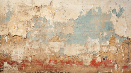 Vintage wall with rough cracked paint, old fresco texture background - obrazy, fototapety, plakaty