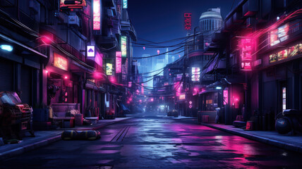 Dark street in cyberpunk city at night, buildings with neon lights - obrazy, fototapety, plakaty