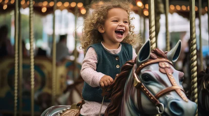 Keuken spatwand met foto Happy toddler kid joyfully ride a carousel horse. Classic round carousel with horses, magic childhood, amusement park.  © SnowElf