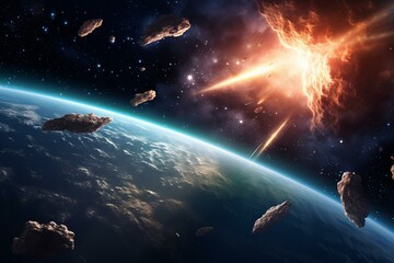 A meteor. Falling meteors from the dark sky. Visual illustration. Generative AI