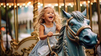Fototapeta na wymiar Happy toddler kid joyfully ride a carousel horse. Classic round carousel with horses, magic childhood, amusement park. 
