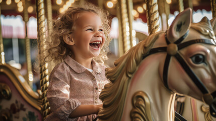 Happy toddler kid joyfully ride a carousel horse. Classic round carousel with horses, magic childhood, amusement park. 