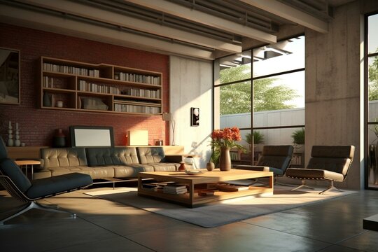 Contemporary living area depicted via 3D rendering. Generative AI