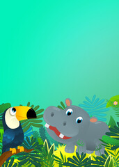 Cartoon wild animal happy young hippo  hippopotamus with other animal friend in the jungle isolated illustration for children