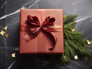 Christmas present decorated with red ribbon, marble background