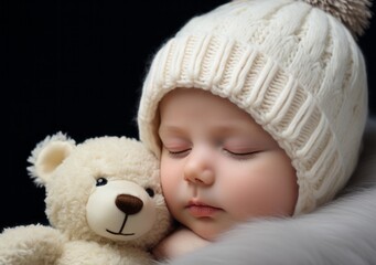 Sleepy newborn baby in a white knitted hat and bear
