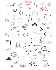 Naklejka premium Drawn exclamation, question mark, todo list, symbols, cursor and heart.Simple sketch line style, attention, pattern elements. Vector illustration.symbol set icon