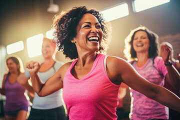 A group of diverse middle-aged women enjoying a joyful dance class. Openly expressing their active...