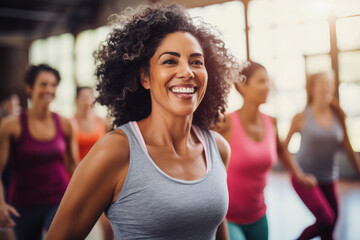 A group of middle-aged women enjoying a joyful dance class. Openly expressing their active lifestyle through Zumba or other dances with friends
