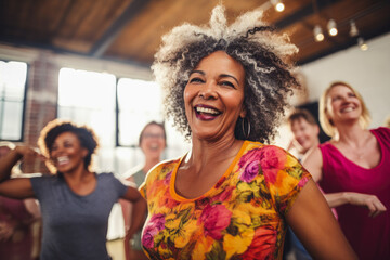 A group of diverse middle-aged women enjoying a joyful dance class. Openly expressing their active lifestyle through Zumba or other dances with friends