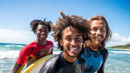 smiling friends surfers taking a selfie on the beach on a summer day
