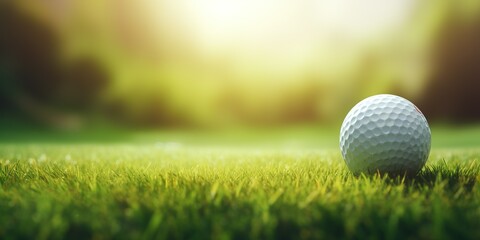 Obraz premium Golf ball on grass in fairway green background. Banner for advertising with copy space. Sport and athletic concept. 3D illustration rendering | Generative AI